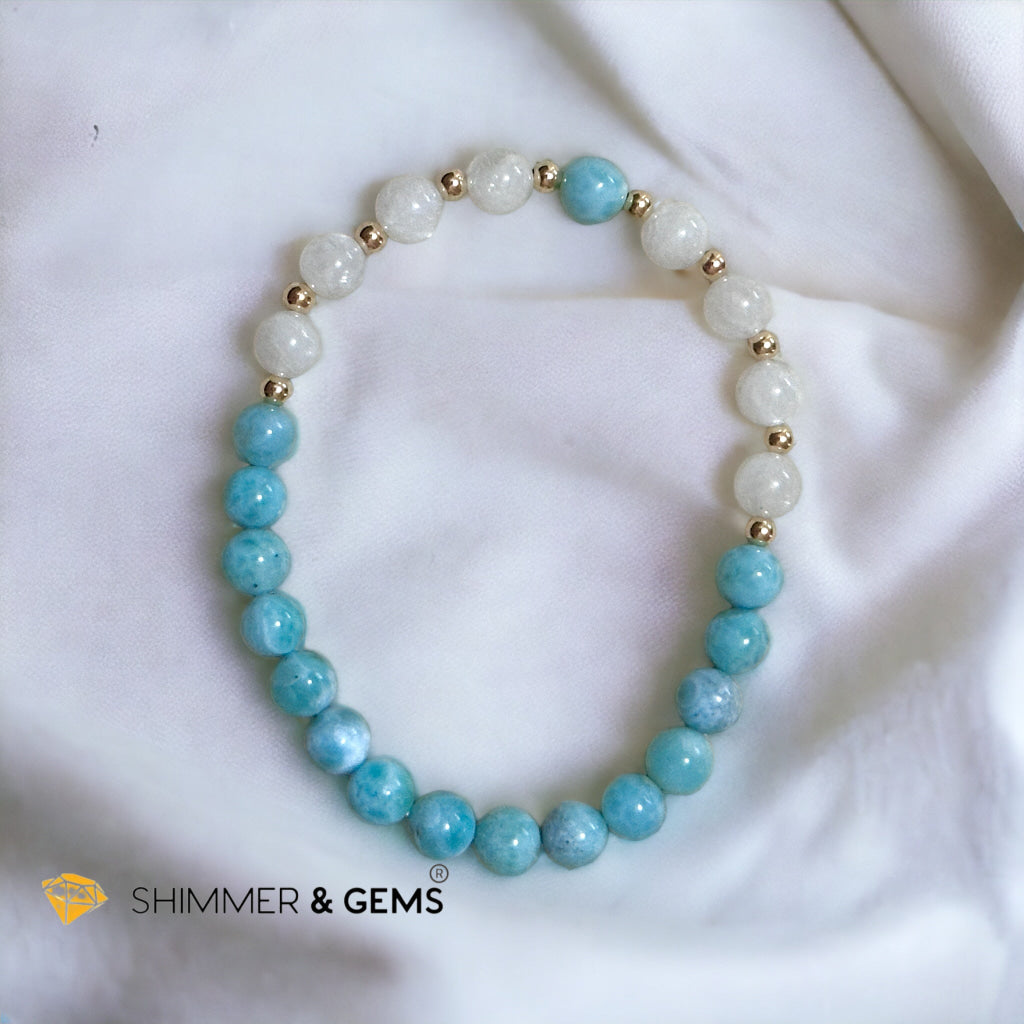 Larimar & Moonstone 6mm Bracelet with 14k gold filled (AAA Grade)