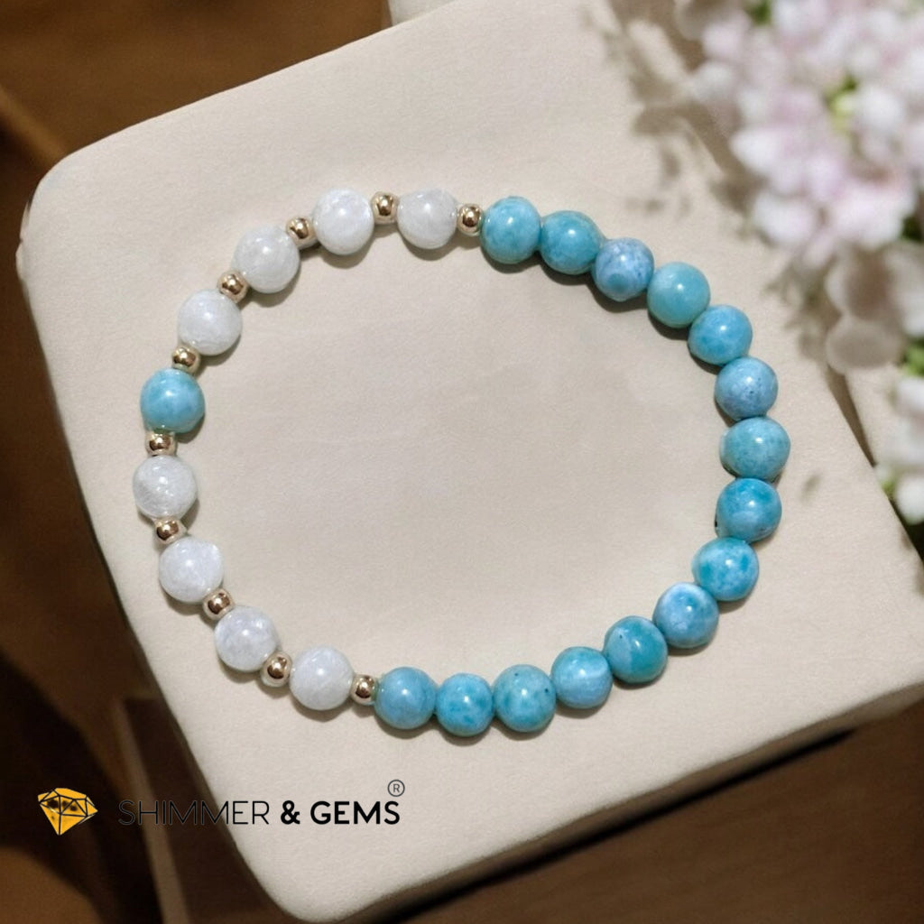 Larimar & Moonstone 6mm Bracelet with 14k gold filled (AAA Grade)