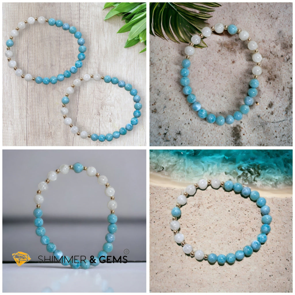 Larimar & Moonstone 6mm Bracelet with 14k gold filled (AAA Grade)