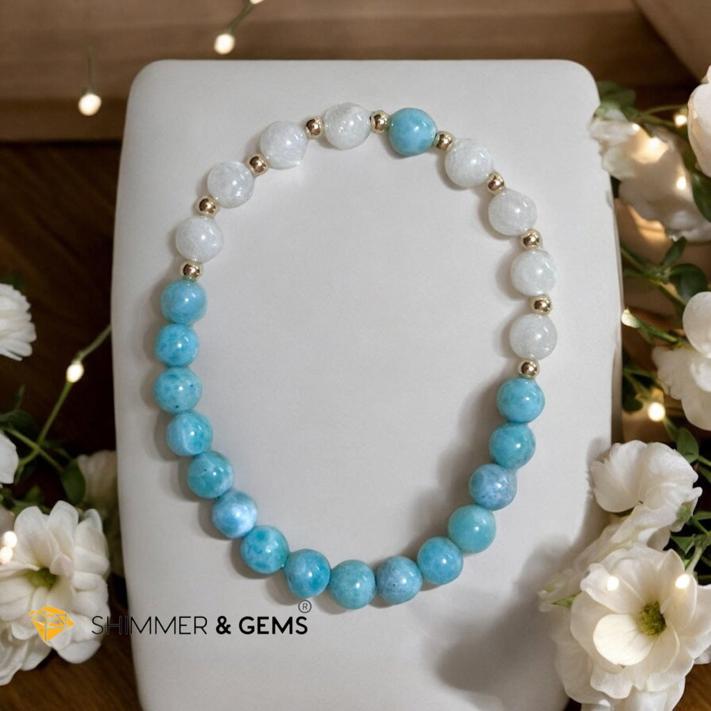Larimar & Moonstone 6mm Bracelet with 14k gold filled (AAA Grade)
