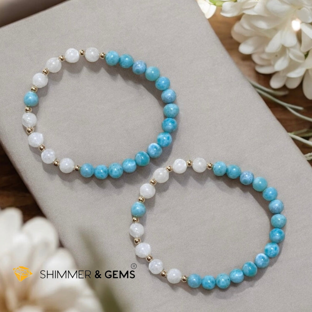 Larimar & Moonstone 6mm Bracelet with 14k gold filled (AAA Grade)