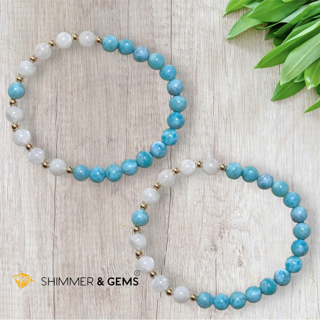 Larimar & Moonstone 6mm Bracelet with 14k gold filled (AAA Grade)