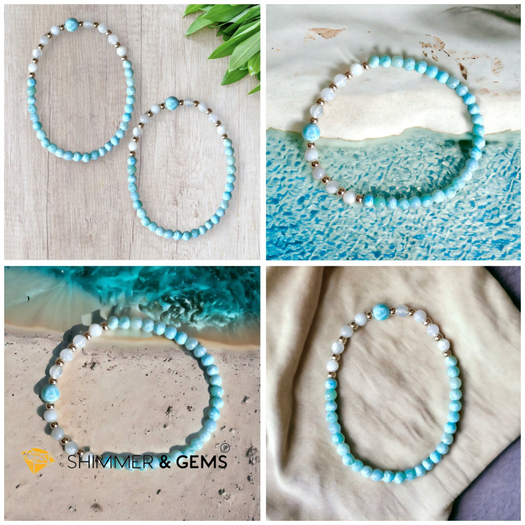 Larimar & Moonstone Dainty 4mm Bracelet with 14k gold filled (AAA Grade)