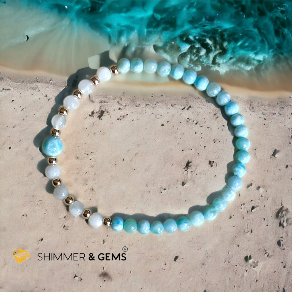 Larimar & Moonstone Dainty 4mm Bracelet with 14k gold filled (AAA Grade)