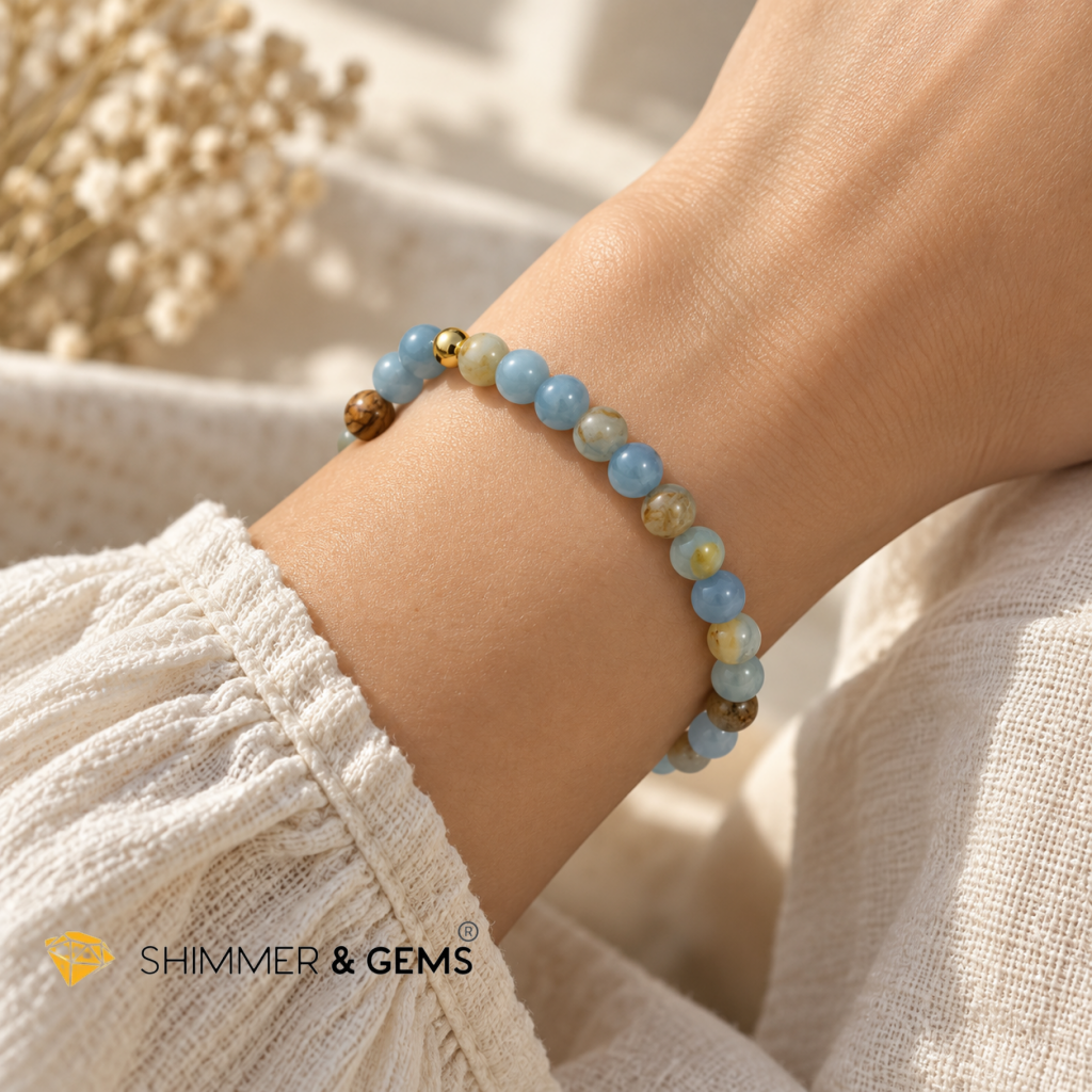 Lemurian Aquatine Blue Calcite (Argentina) 6mm with 14k gold filled bead Bracelet