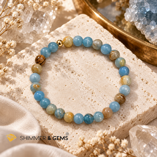 Lemurian Aquatine Blue Calcite (Argentina) 6mm with 14k gold filled bead Bracelet