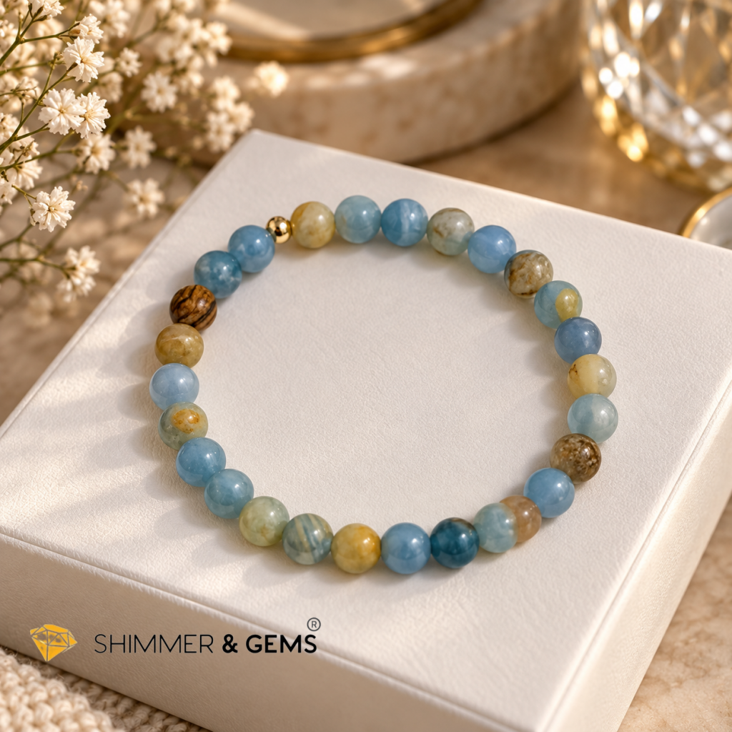 Lemurian Aquatine Blue Calcite (Argentina) 6mm with 14k gold filled bead Bracelet
