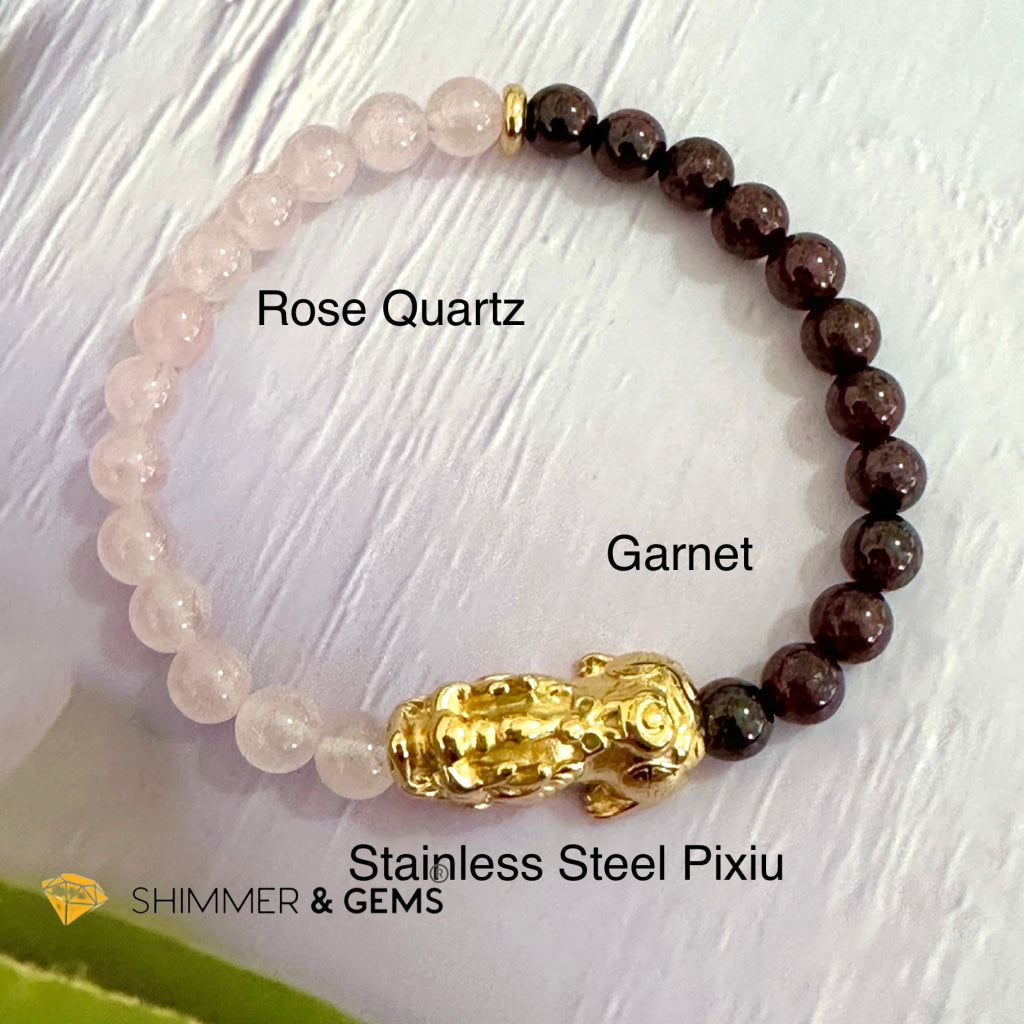 Luck in Love Pixiu Bracelet (Rose Quartz and Garnet 6mm)Stainless Steel Pixiu