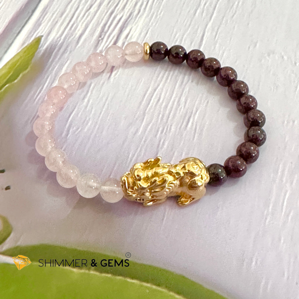 Luck in Love Pixiu Bracelet (Rose Quartz and Garnet 6mm)Stainless Steel Pixiu