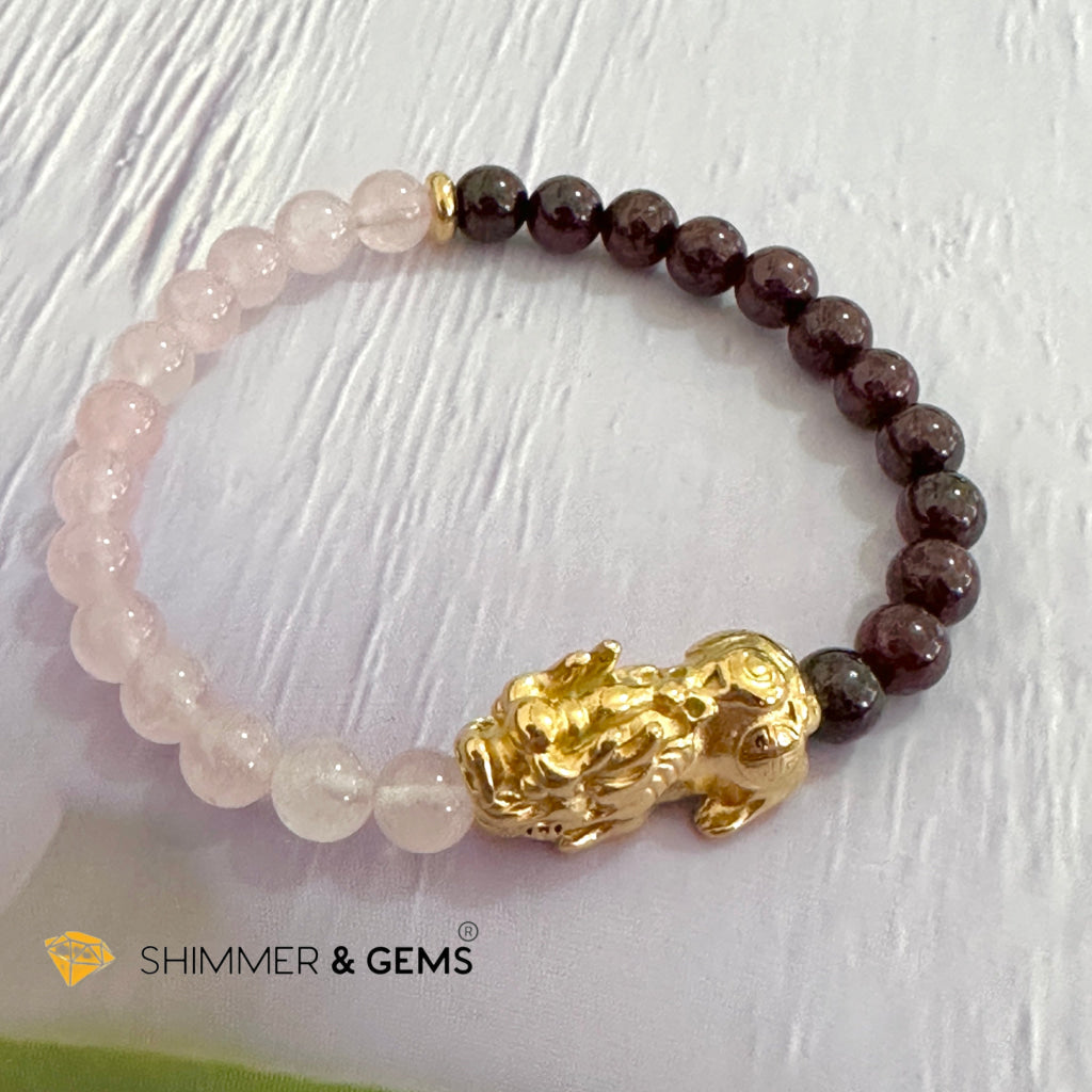 Luck in Love Pixiu Bracelet (Rose Quartz and Garnet 6mm)Stainless Steel Pixiu