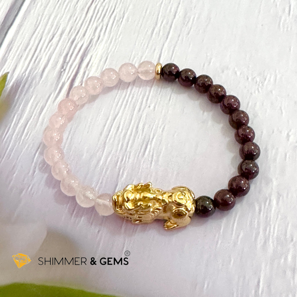 Luck in Love Pixiu Bracelet (Rose Quartz and Garnet 6mm)Stainless Steel Pixiu