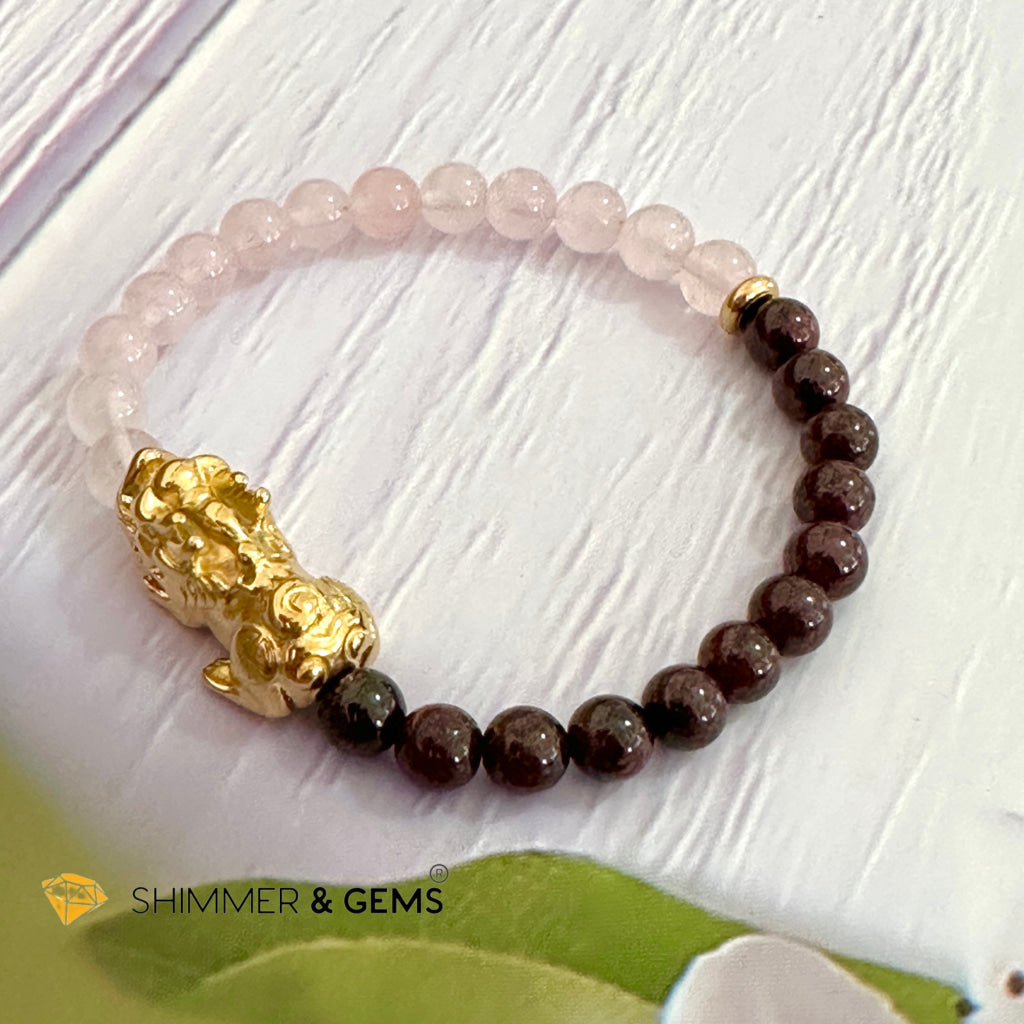 Luck in Love Pixiu Bracelet (Rose Quartz and Garnet 6mm)Stainless Steel Pixiu