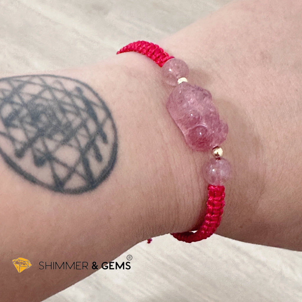 Lucky Wealth Pixiu Strawberry Quartz Red Woven Bracelet