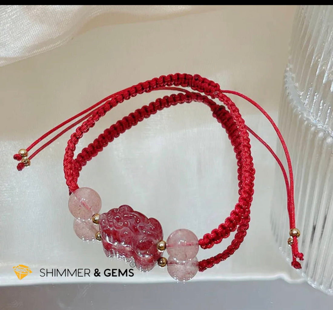 Lucky Wealth Pixiu Strawberry Quartz Red Woven Bracelet