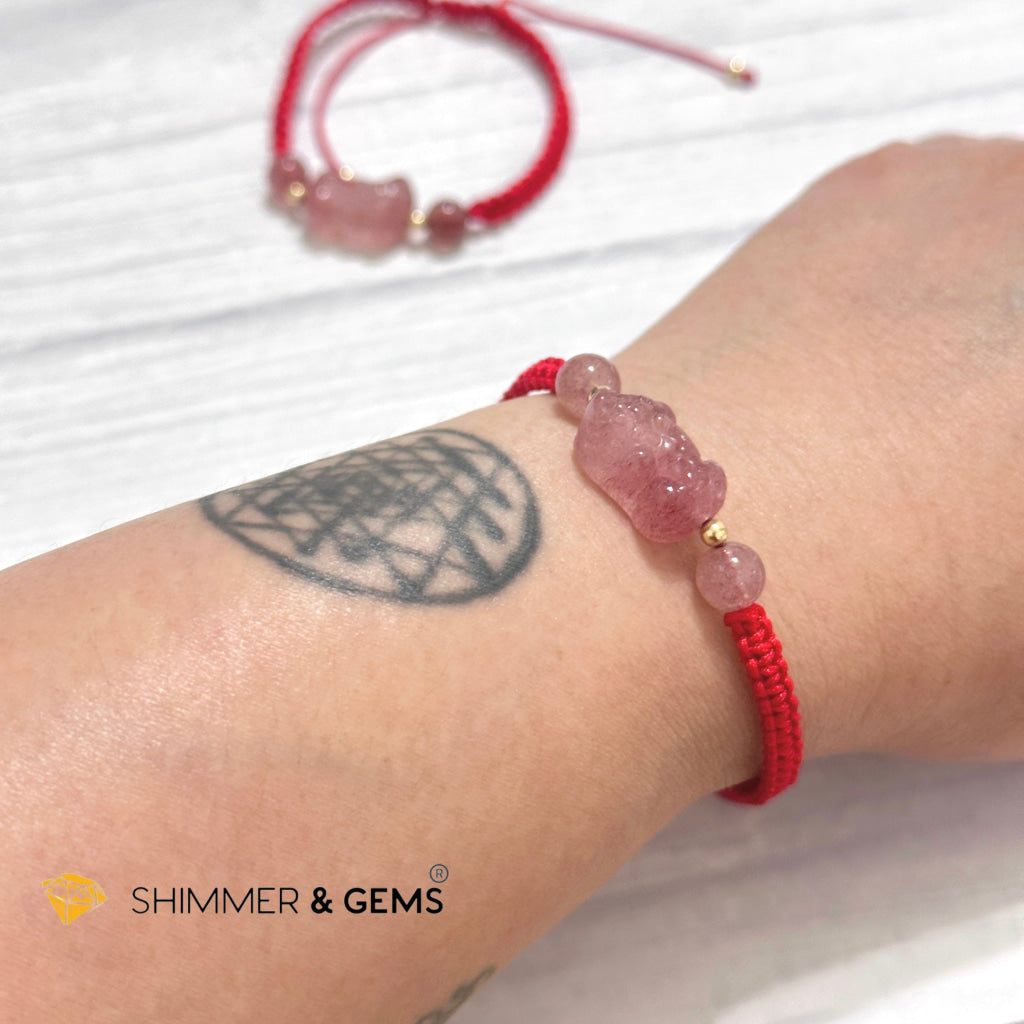Lucky Wealth Pixiu Strawberry Quartz Red Woven Bracelet