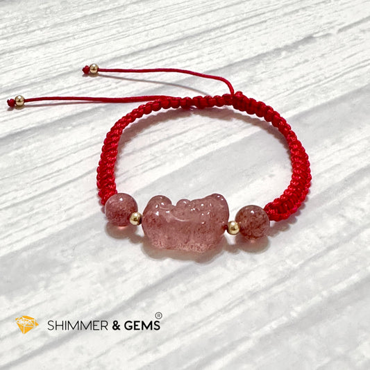 Lucky Wealth Pixiu Strawberry Quartz Red Woven Bracelet