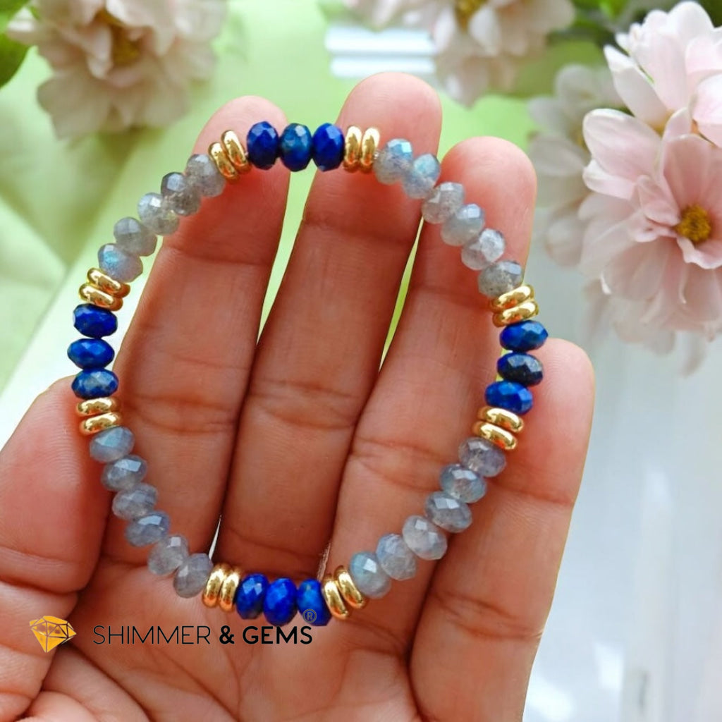 Manifest Miracles Bracelet (Labradorite & Lapis Lazuli Rondelle 4x6mm) with Stainless Steel Beads