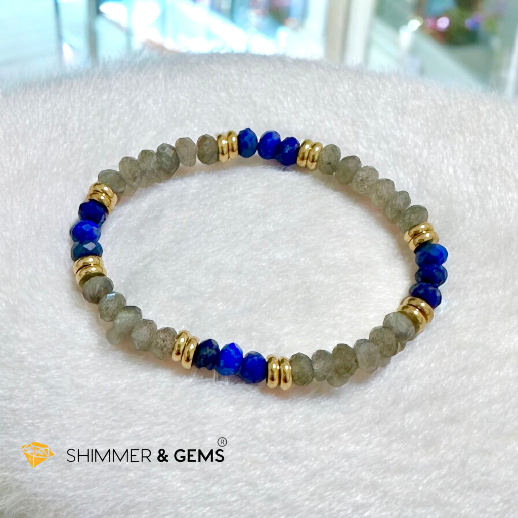 Manifest Miracles Bracelet (Labradorite & Lapis Lazuli Rondelle 4x6mm) with Stainless Steel Beads