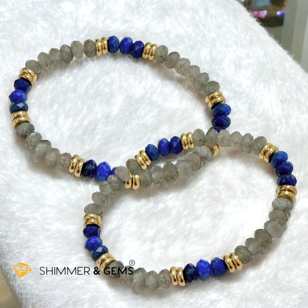 Manifest Miracles Bracelet (Labradorite & Lapis Lazuli Rondelle 4x6mm) with Stainless Steel Beads