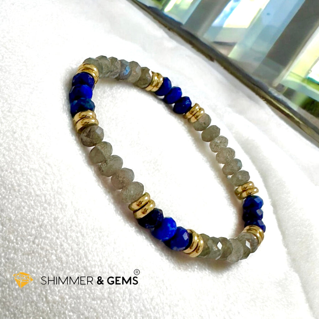 Manifest Miracles Bracelet (Labradorite & Lapis Lazuli Rondelle 4x6mm) with Stainless Steel Beads