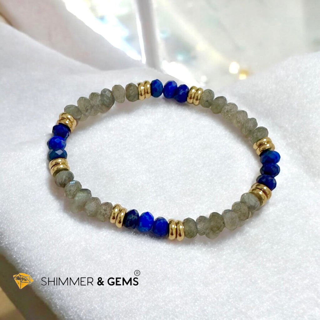 Manifest Miracles Bracelet (Labradorite & Lapis Lazuli Rondelle 4x6mm) with Stainless Steel Beads