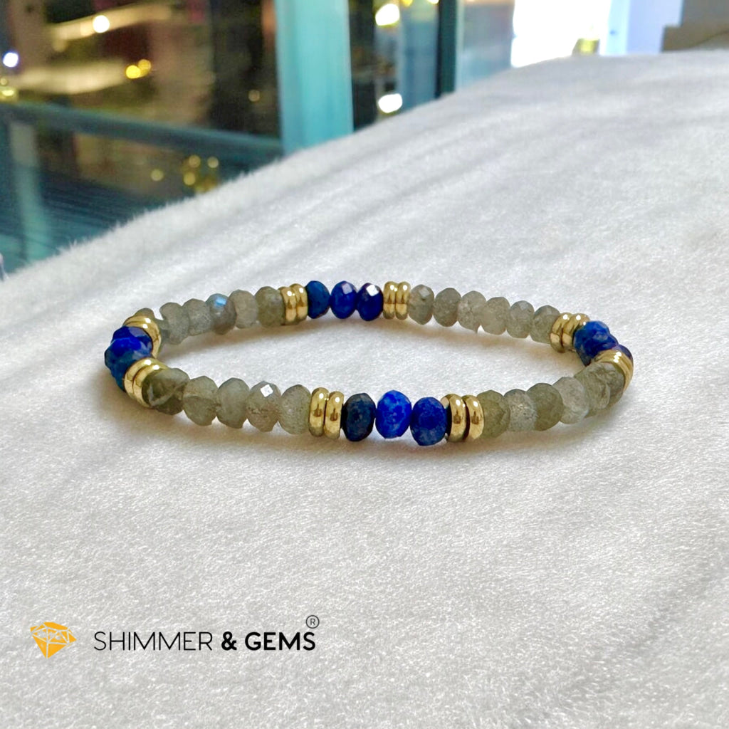 Manifest Miracles Bracelet (Labradorite & Lapis Lazuli Rondelle 4x6mm) with Stainless Steel Beads