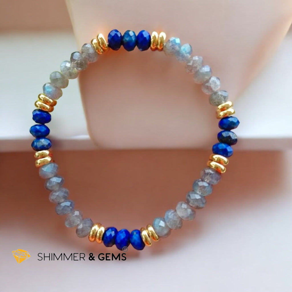 Manifest Miracles Bracelet (Labradorite & Lapis Lazuli Rondelle 4x6mm) with Stainless Steel Beads