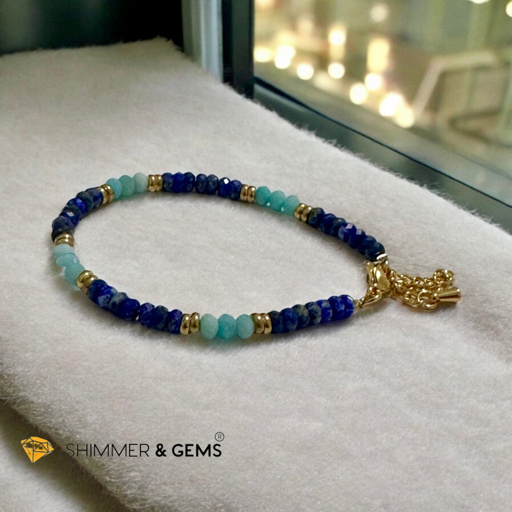 Mental Clarity Bracelet (Amazonite & Lapis Lazuli 4mm Rondelle in Stainless Steel Adjustable Chain)