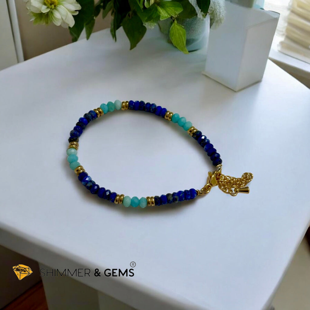 Mental Clarity Bracelet (Amazonite & Lapis Lazuli 4mm Rondelle in Stainless Steel Adjustable Chain)