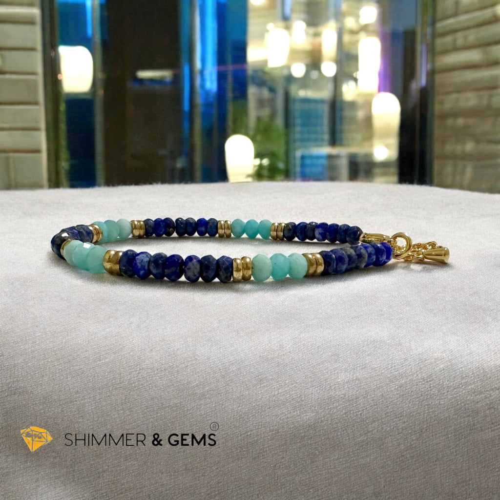 Mental Clarity Bracelet (Amazonite & Lapis Lazuli 4mm Rondelle in Stainless Steel Adjustable Chain)