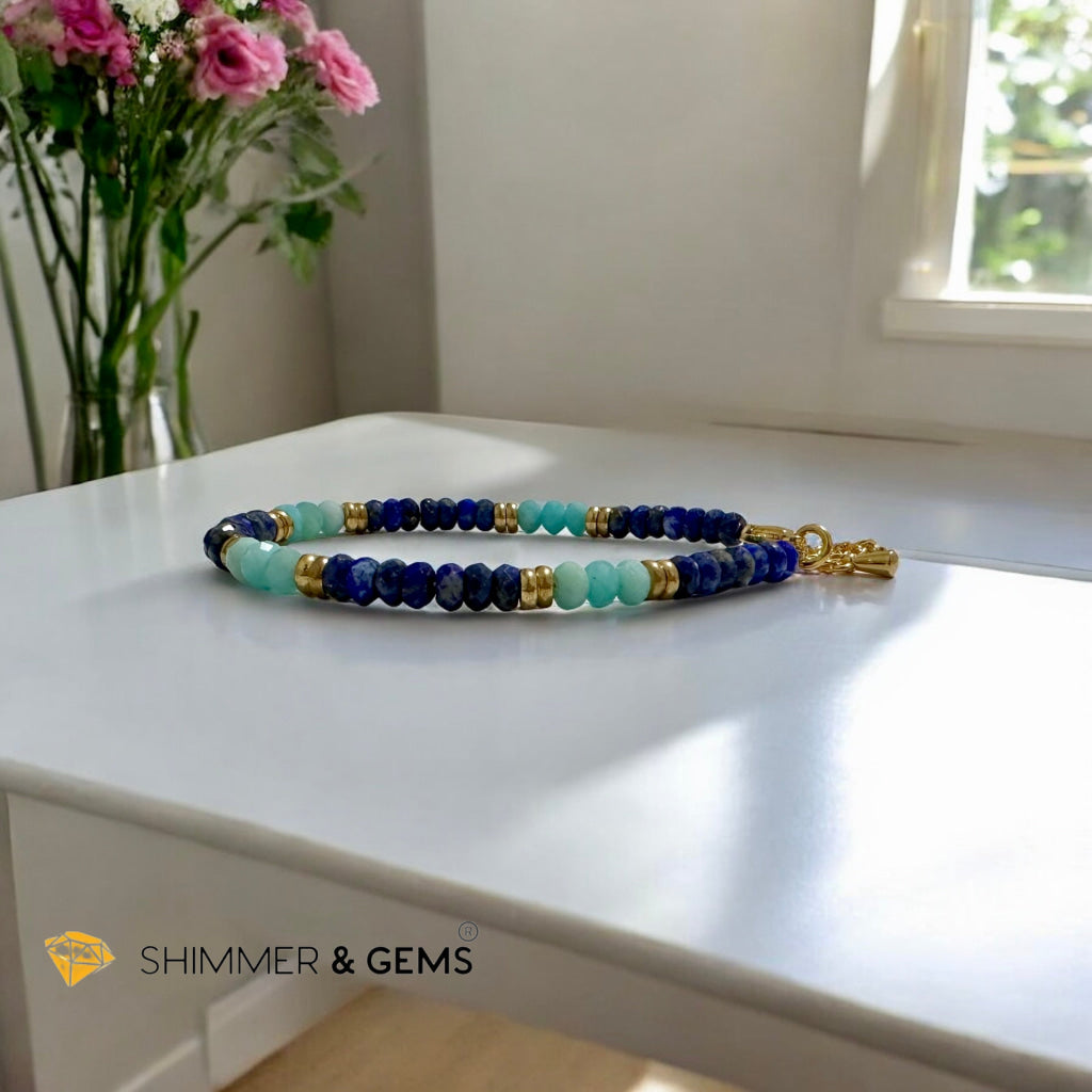 Mental Clarity Bracelet (Amazonite & Lapis Lazuli 4mm Rondelle in Stainless Steel Adjustable Chain)