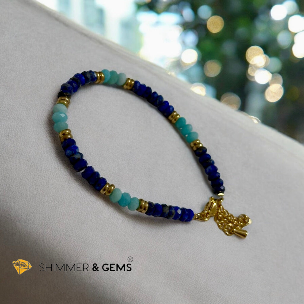 Mental Clarity Bracelet (Amazonite & Lapis Lazuli 4mm Rondelle in Stainless Steel Adjustable Chain)