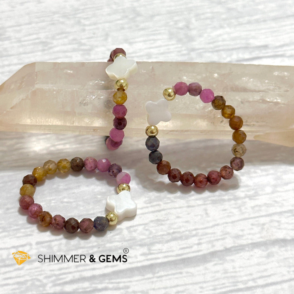 Mixed Sapphire Bead Ring 3mm with 14k gold filled & Mother of Pearl Clover (Blue, Green, Pink, Yellow and Red Sapphire)