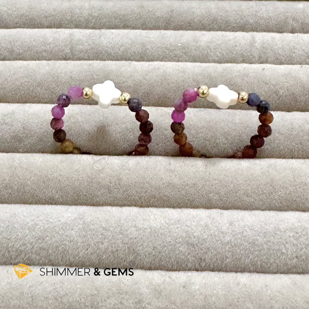 Mixed Sapphire Bead Ring 3mm with 14k gold filled & Mother of Pearl Clover (Blue, Green, Pink, Yellow and Red Sapphire)