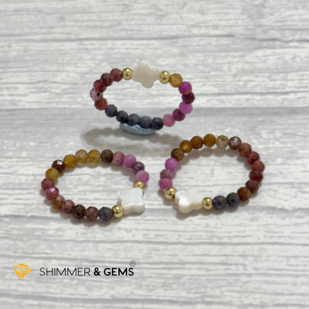 Mixed Sapphire Bead Ring 3mm with 14k gold filled & Mother of Pearl Clover (Blue, Green, Pink, Yellow and Red Sapphire)
