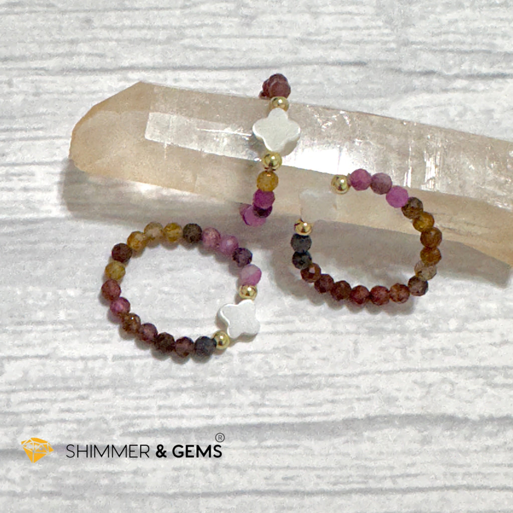 Mixed Sapphire Bead Ring 3mm with 14k gold filled & Mother of Pearl Clover (Blue, Green, Pink, Yellow and Red Sapphire)