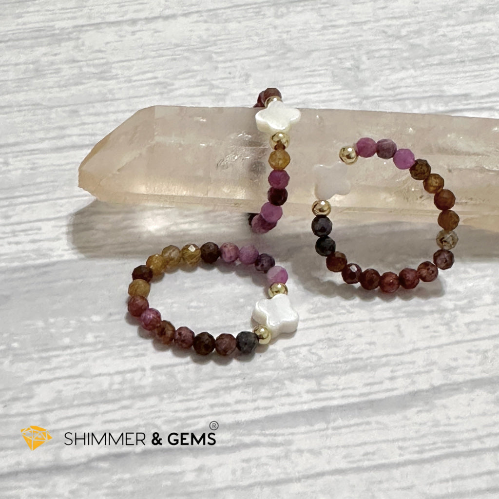 Mixed Sapphire Bead Ring 3mm with 14k gold filled & Mother of Pearl Clover (Blue, Green, Pink, Yellow and Red Sapphire)