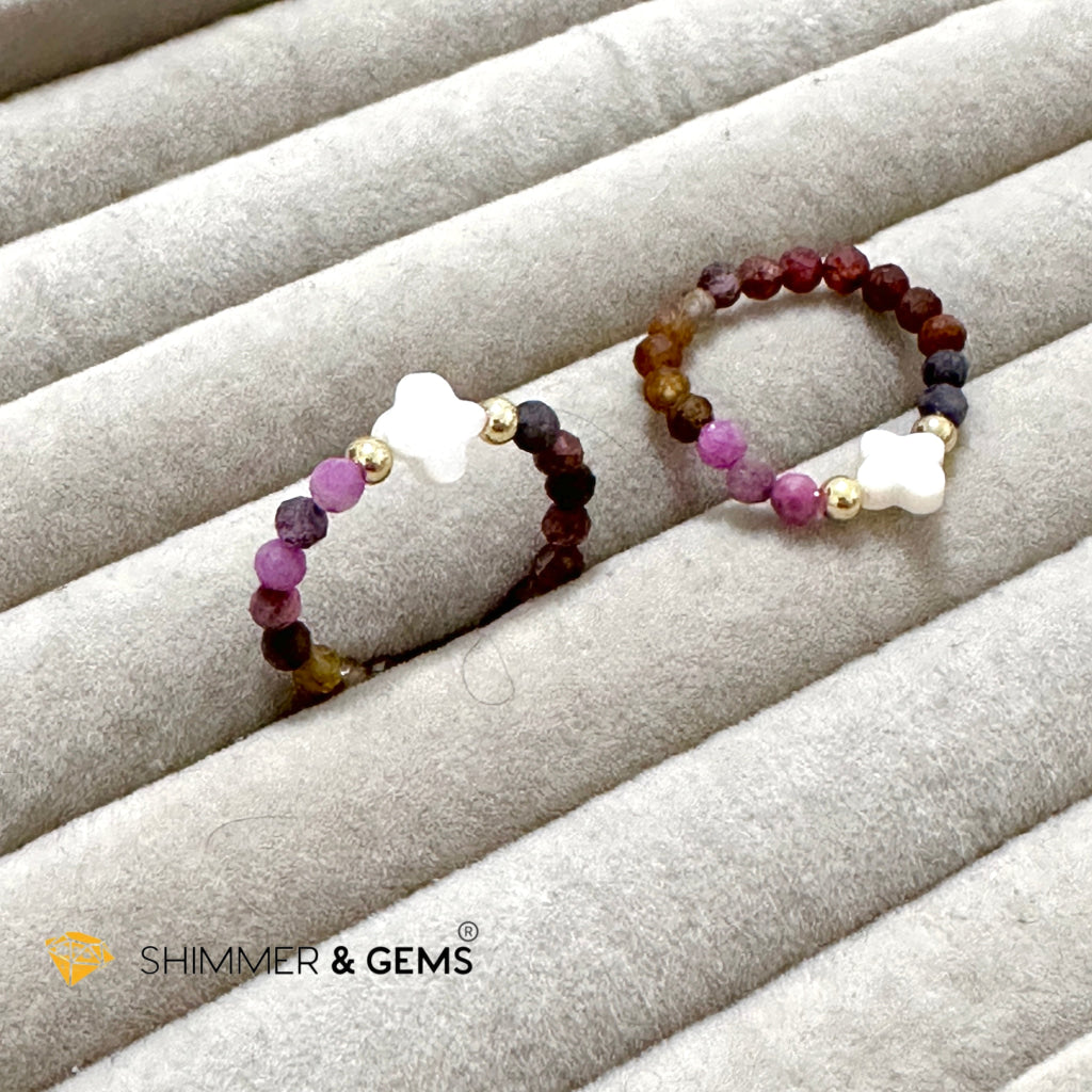 Mixed Sapphire Bead Ring 3mm with 14k gold filled & Mother of Pearl Clover (Blue, Green, Pink, Yellow and Red Sapphire)