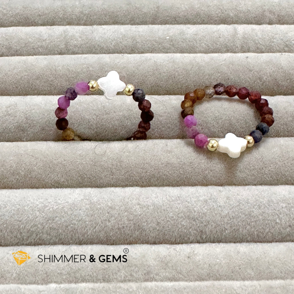 Mixed Sapphire Bead Ring 3mm with 14k gold filled & Mother of Pearl Clover (Blue, Green, Pink, Yellow and Red Sapphire)