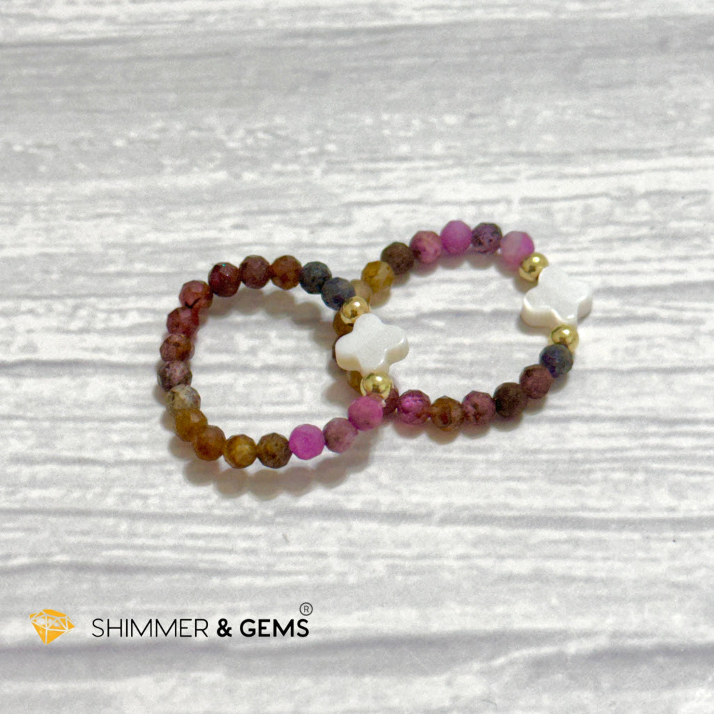 Mixed Sapphire Bead Ring 3mm with 14k gold filled & Mother of Pearl Clover (Blue, Green, Pink, Yellow and Red Sapphire)