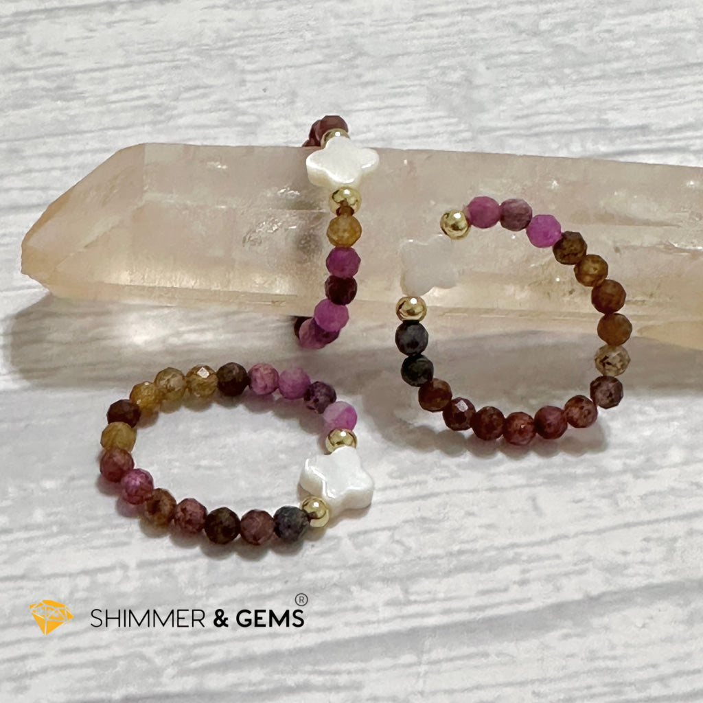 Mixed Sapphire Bead Ring 3mm with 14k gold filled & Mother of Pearl Clover (Blue, Green, Pink, Yellow and Red Sapphire)