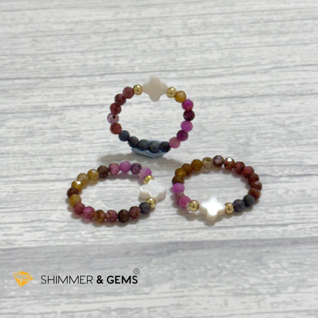 Mixed Sapphire Bead Ring 3mm with 14k gold filled & Mother of Pearl Clover (Blue, Green, Pink, Yellow and Red Sapphire)