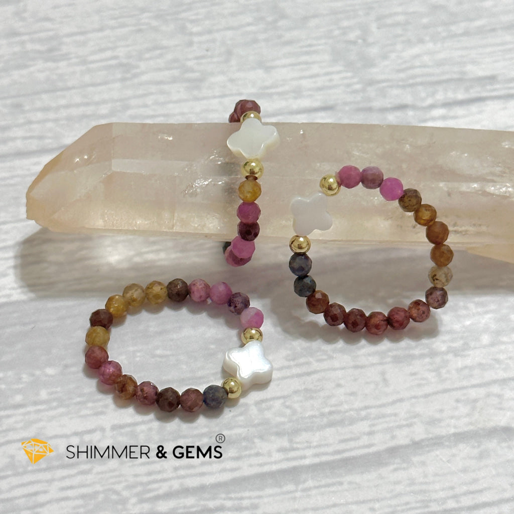 Mixed Sapphire Bead Ring 3mm with 14k gold filled & Mother of Pearl Clover (Blue, Green, Pink, Yellow and Red Sapphire)
