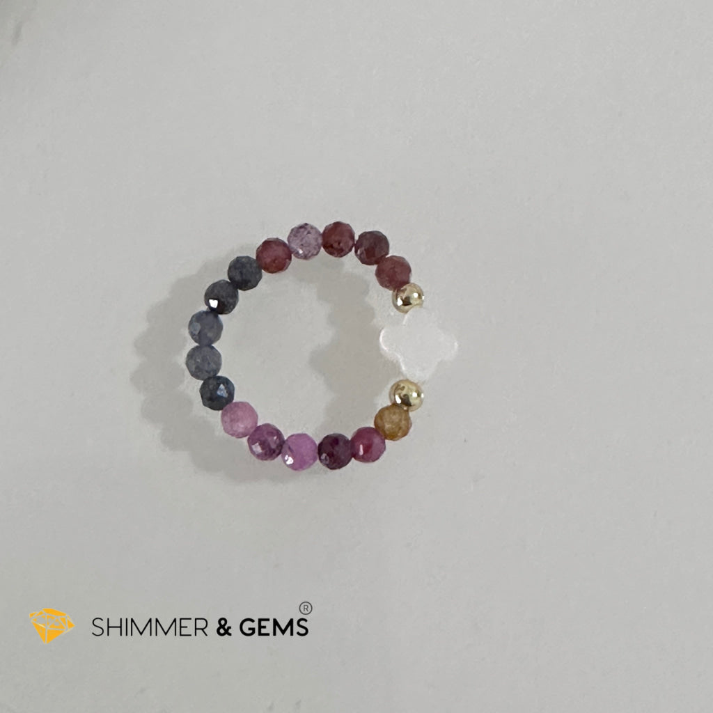 Mixed Sapphire Bead Ring 3mm with 14k gold filled & Mother of Pearl Clover (Blue, Green, Pink, Yellow and Red Sapphire)