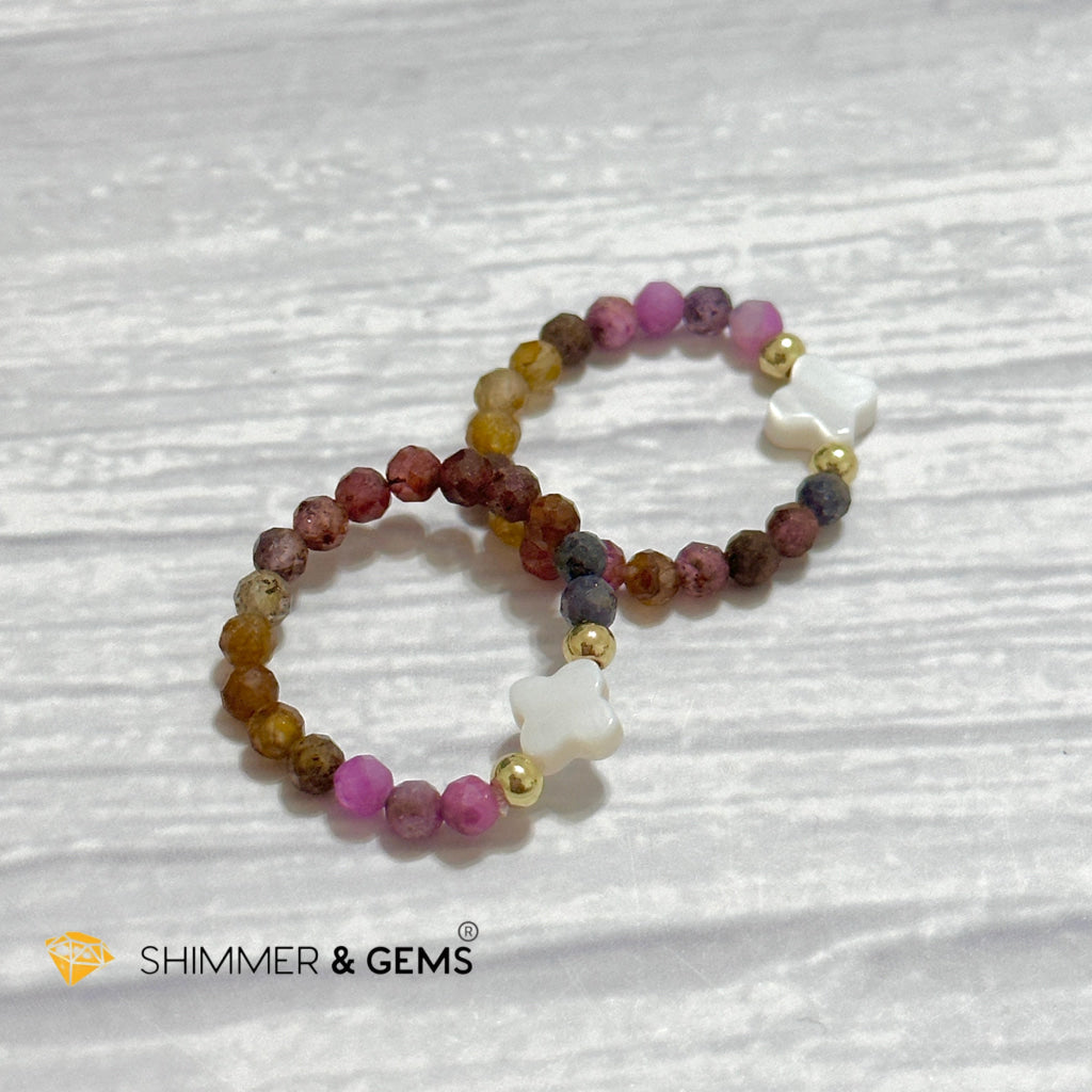 Mixed Sapphire Bead Ring 3mm with 14k gold filled & Mother of Pearl Clover (Blue, Green, Pink, Yellow and Red Sapphire)