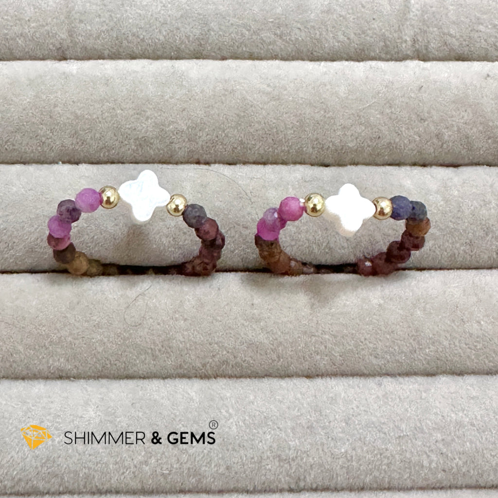 Mixed Sapphire Bead Ring 3mm with 14k gold filled & Mother of Pearl Clover (Blue, Green, Pink, Yellow and Red Sapphire)