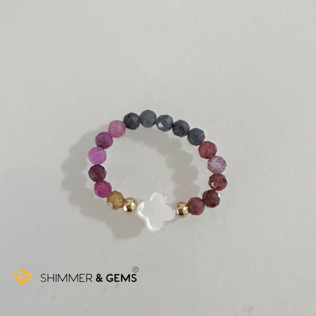 Mixed Sapphire Bead Ring 3mm with 14k gold filled & Mother of Pearl Clover (Blue, Green, Pink, Yellow and Red Sapphire)