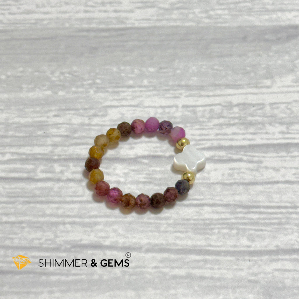 Mixed Sapphire Bead Ring 3mm with 14k gold filled & Mother of Pearl Clover (Blue, Green, Pink, Yellow and Red Sapphire)