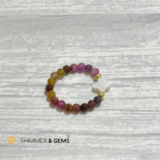 Mixed Sapphire Bead Ring 3mm with 14k gold filled & Mother of Pearl Clover (Blue, Green, Pink, Yellow and Red Sapphire)