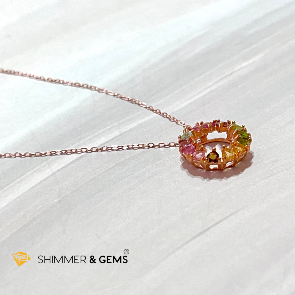 Mixed Tourmaline Circle 925 Silver Pendant (Rose Gold Filled) With Chain
